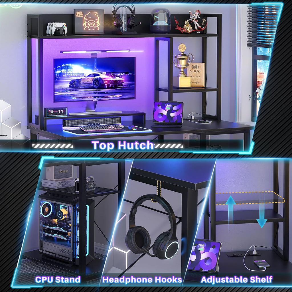 Gaming Desk with Hutch, 39'' Computer Desk with LED Lights & Power Outlets, Home Office Desk with Reversible 5 Tiers