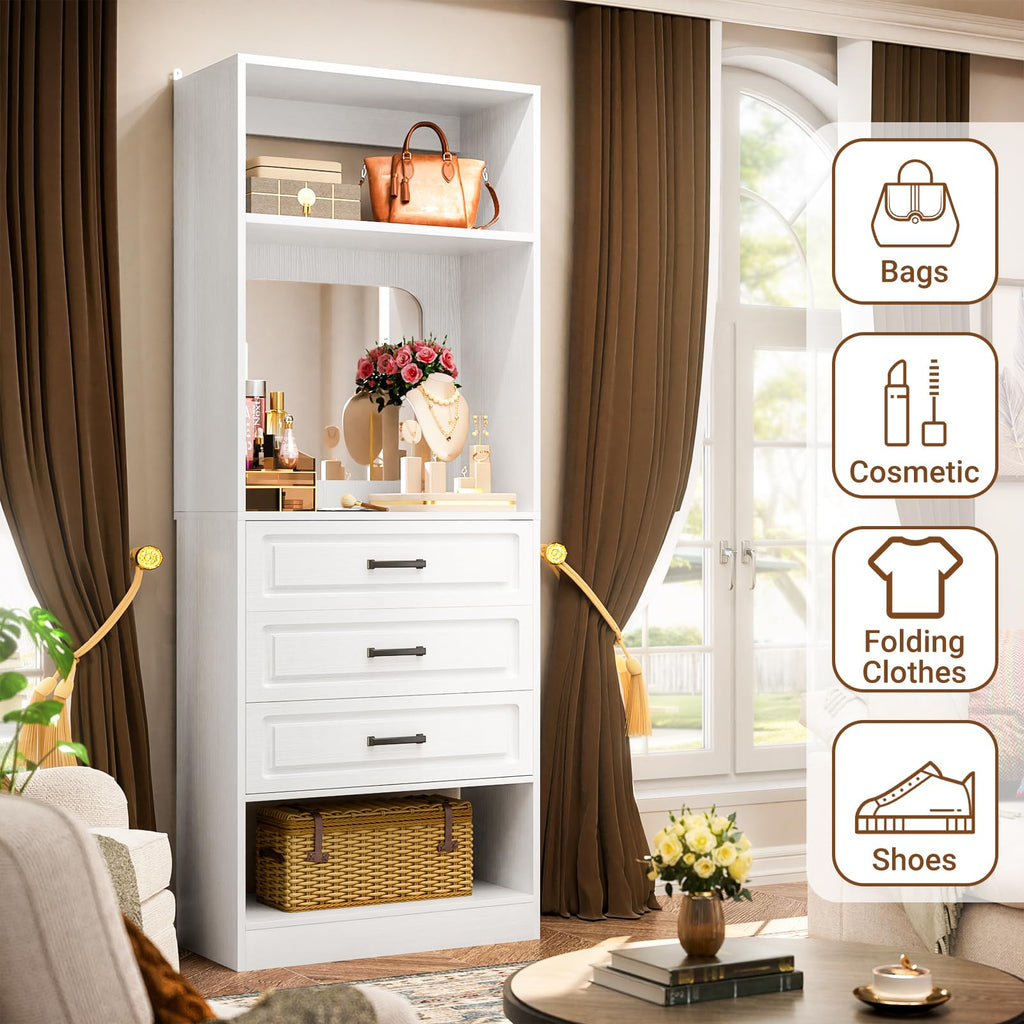25" Closet System with 3 Drawers and Mirror, Wardrobe, White