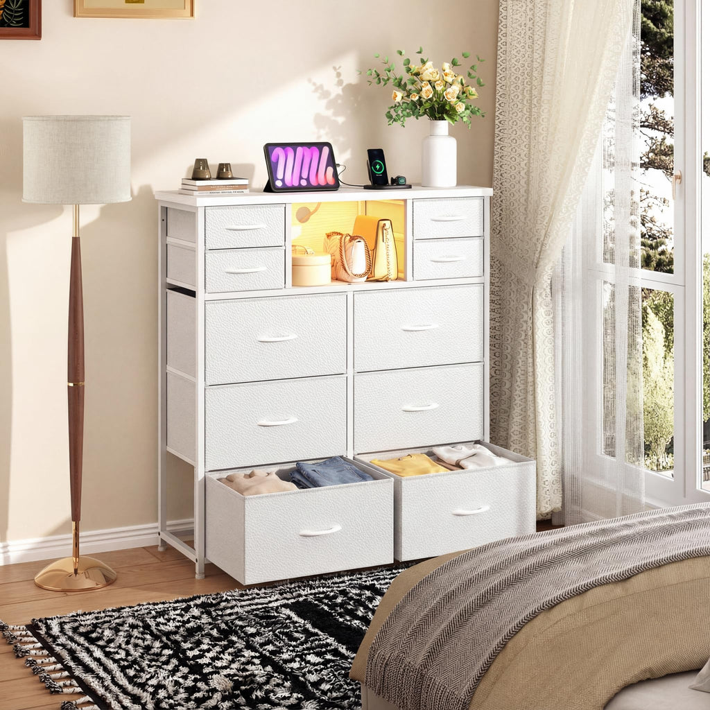 White Dresser with Charging Station & LED, 10 Drawers