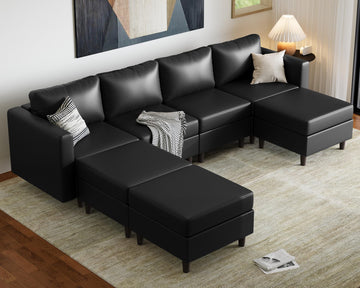 118.5" Faux Leather Modular Sectional Sofa, 7 Seater U Shaped Couch with Storage Seat with Reversible Chaise Deep