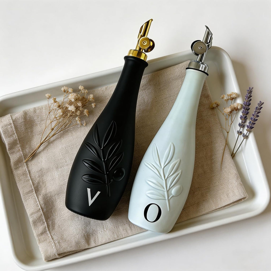 Oil and Vinegar Dispenser, 11.8oz Ceramic Leak Proof Olive Oil Bottle with Self-Closing Stainless Steel - Set of 2