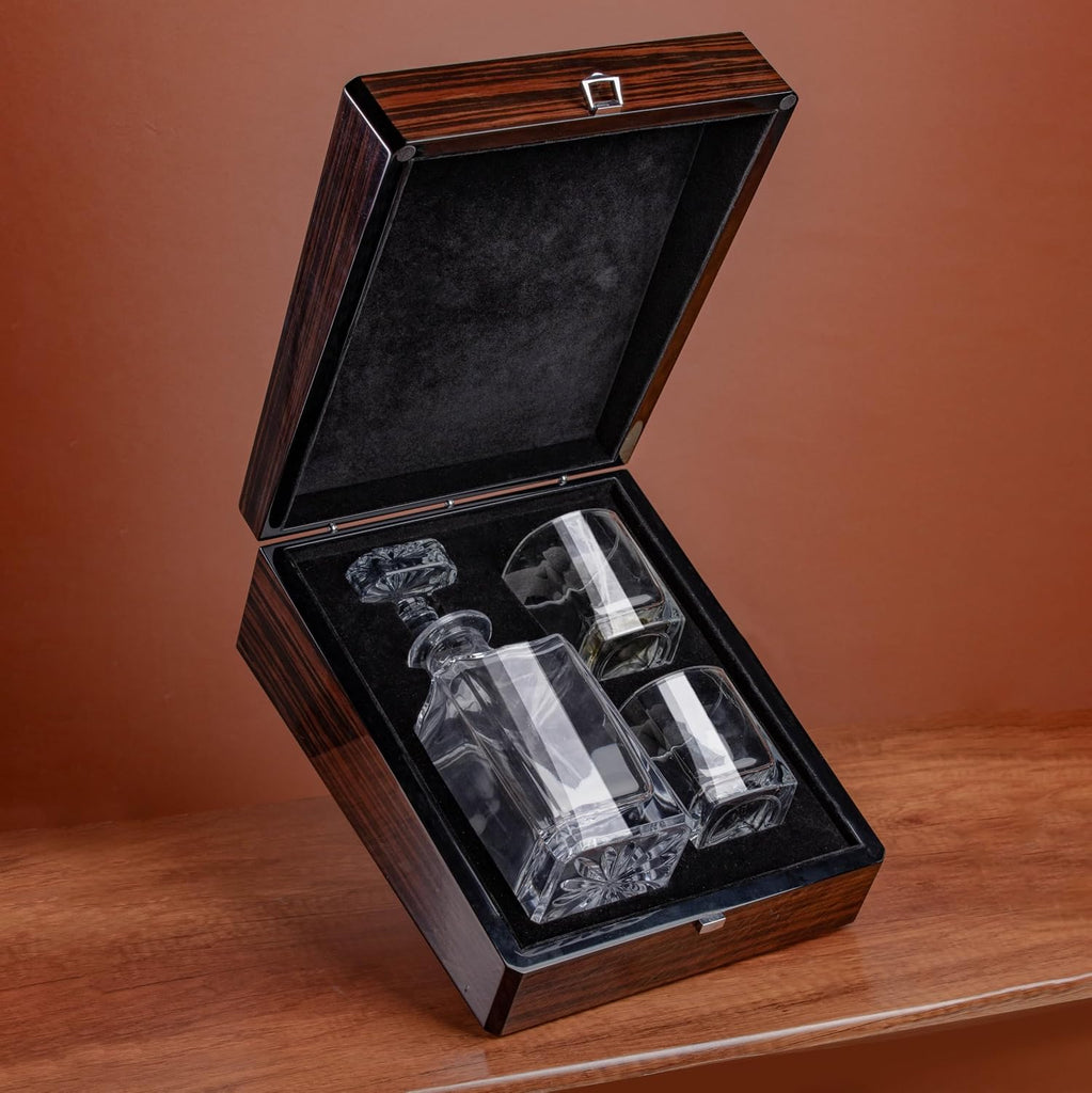 Whiskey Decanter Set with Premium Wood Gift Box: 2 Rock Glasses, Crystal Glass Decanter, Bourbon, Whiskey, Gifts - Set of 5