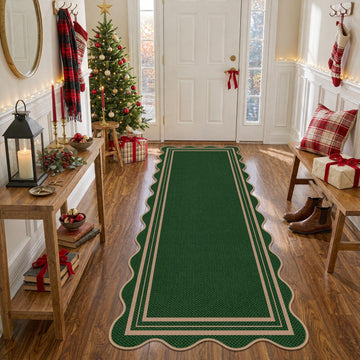 Scalloped 2x6 Christmas Runner Rug, Washable Rugs Non Slip Outdoor Indoor Green Kitchen Hallway Rug, Farmhouse Morden
