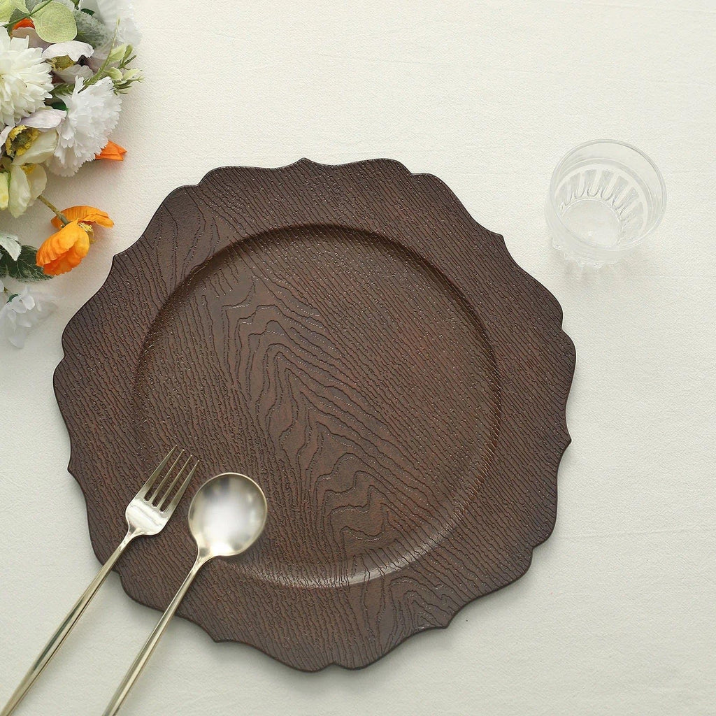 Rustic Brown 13 in Wooden Round Acrylic Charger Plates | 13-Inch Scalloped Trim Serving Dinnerware Set for Dinner