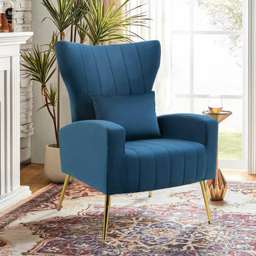 Velvet Accent Arm Chairs with Wingback & Lumbar Pillow, Modern Armchair Bedroom, Guest Reception Side Chair, Gold