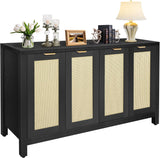 Rattan Sideboard Buffet Credenza Cabinet - Large Farmhouse Kitchen Coffee Bar Cabinet with 4 Rattan Door Storage for Entryway Living Room, 55" x 15" x 31.5" (Black)