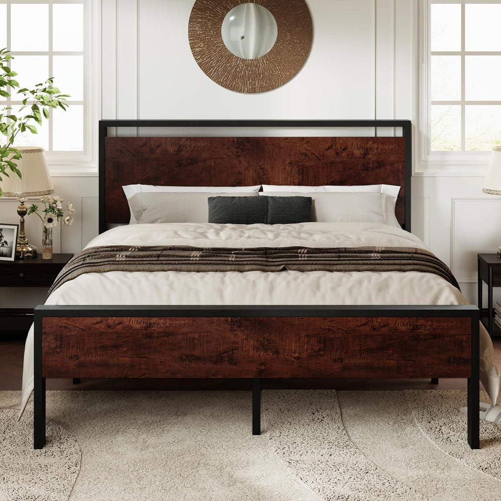 Queen Platform Bed Frame with Wooden Headboard and Footboard, Heavy Duty 12 Metal Slats Support, No Box Spring