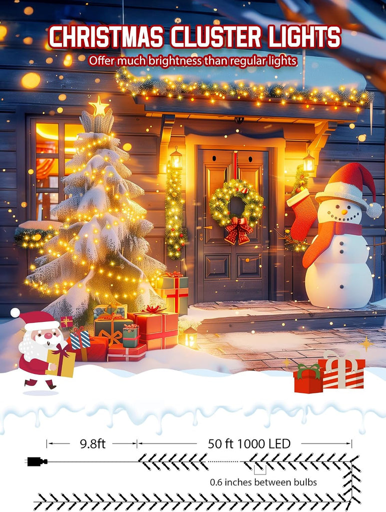1000 LED Cluster Lights Christmas Tree Lights Outdoor Christmas Firecrackers String Light, 12 Modes Timer Remote