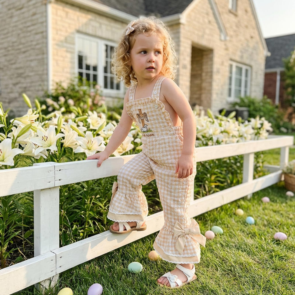 Toddler Baby Girl Easter Outfit Ruffle Bell-Bottom Bunny Embroidery Jumpsuit Romper Overalls Clothes (Easter Khaki