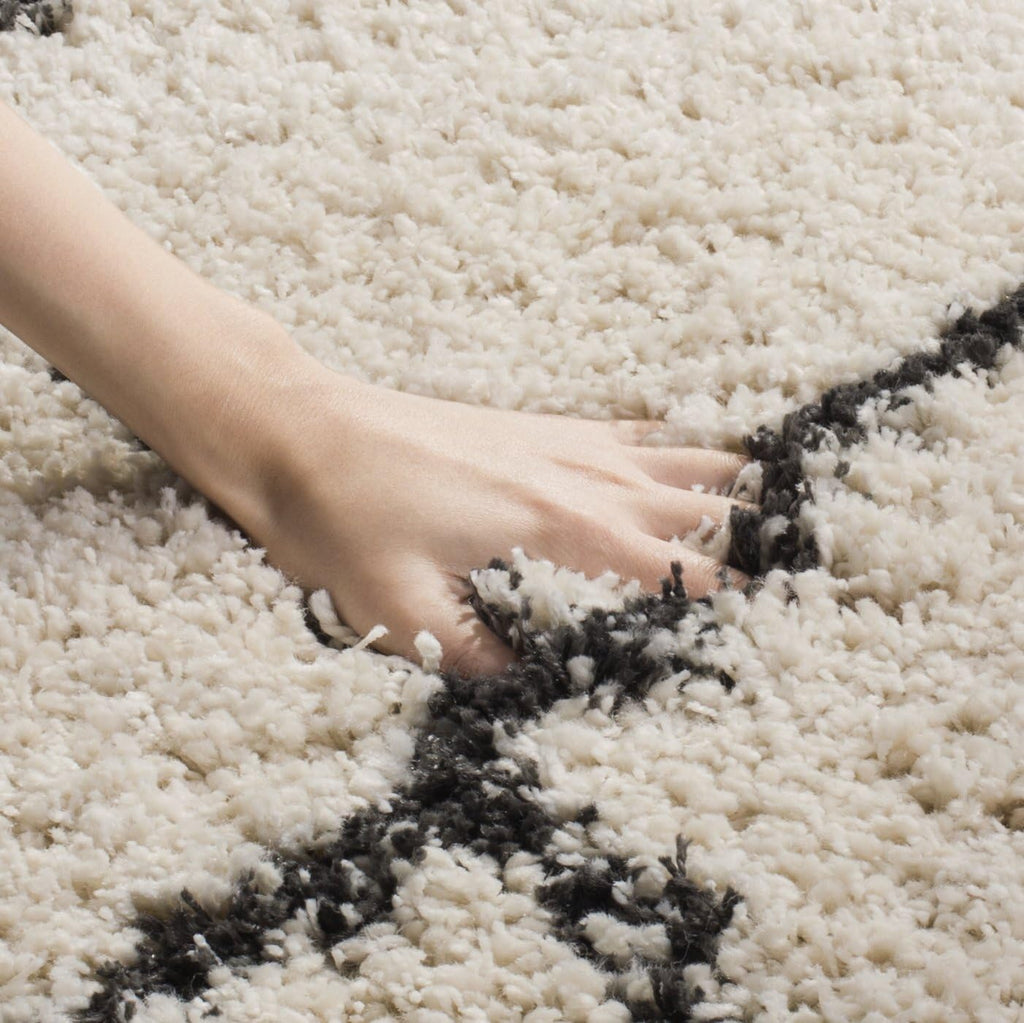 Moroccan Fringe Shag Collection Runner Rug, Cream & Charcoal, Boho Trellis, Non-Shedding & Easy Care