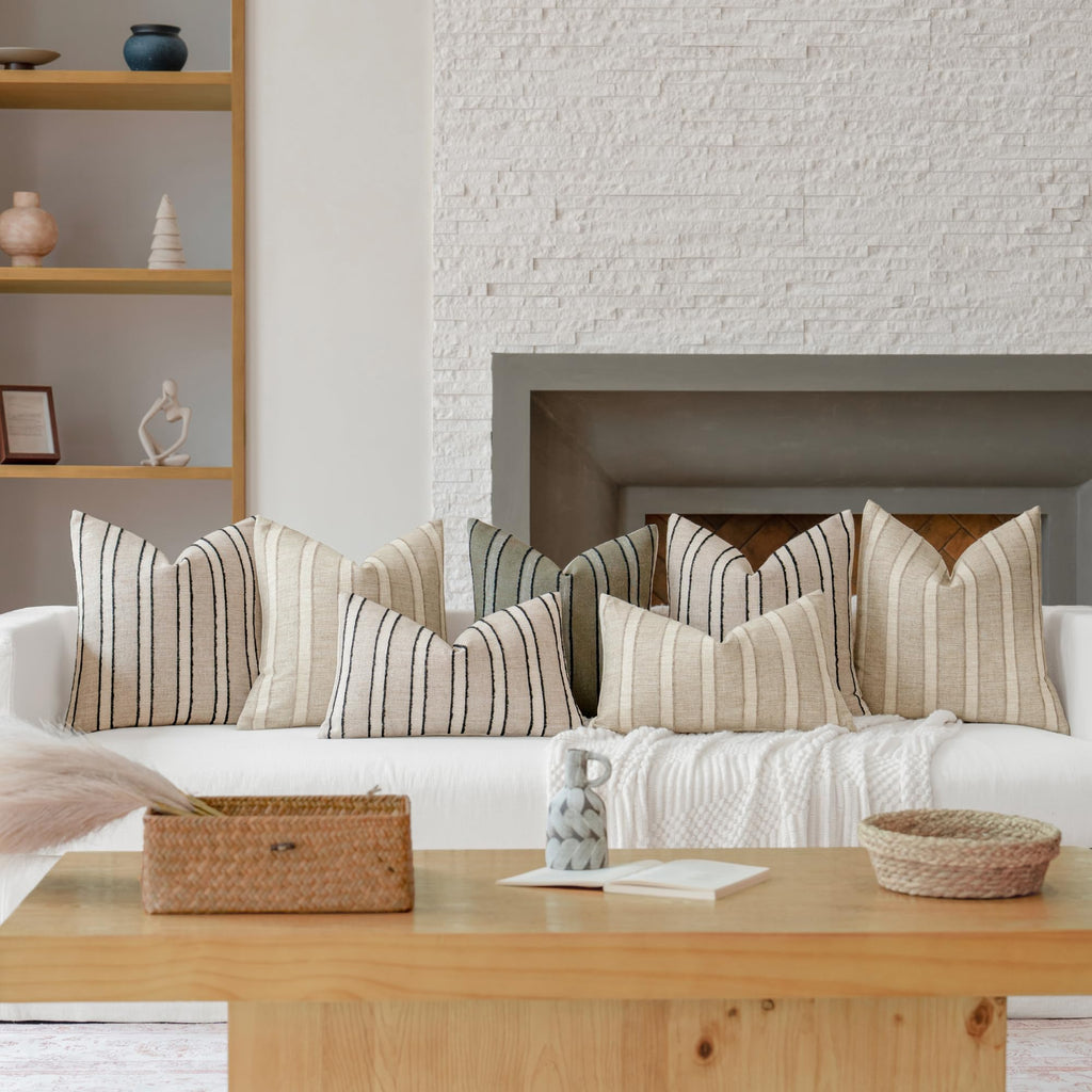 Striped Lumbar Throw Pillow Covers 12x20 Set of 2, Natural Linen