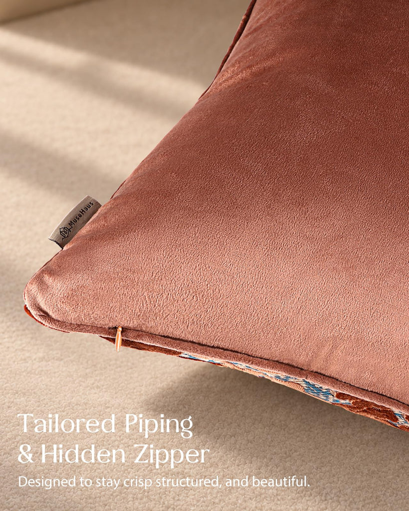 Cut Velvet Throw Pillow Cover, 20x20 Inch, Rust Round Leaf