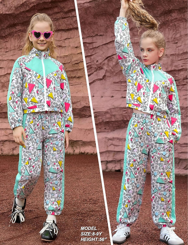 Girls' Clothing Sets 2 Piece 80s 90s Outfits Neon Jacket Pants Hip Hop Dance Outfits for Girls Tracksuit Set
