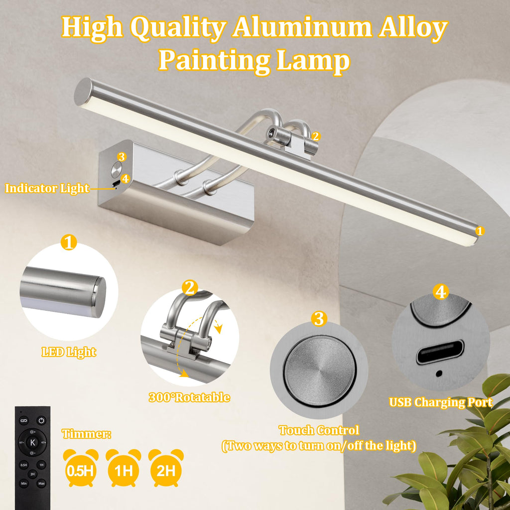 Picture Light for Wall, RF Remote, USB Charging Platinum Silver