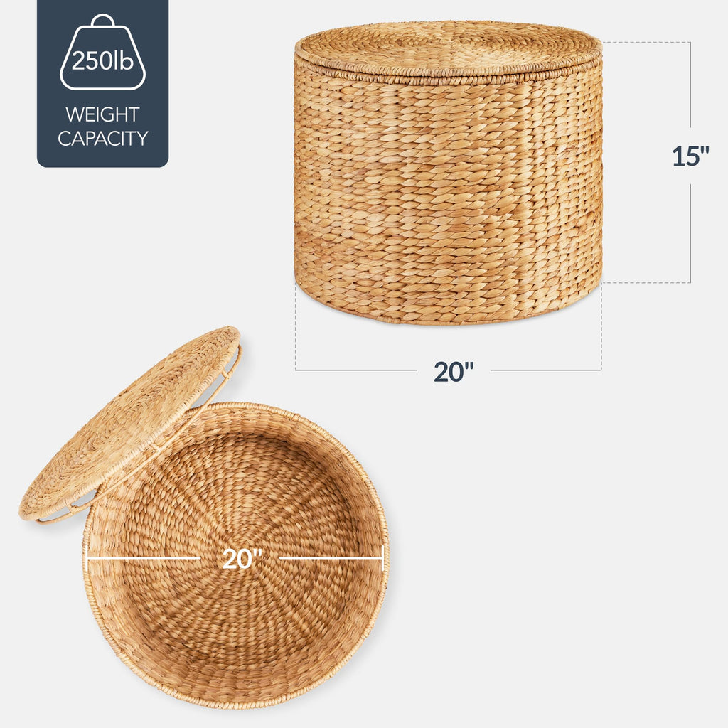 Large Round Storage Ottoman W/Lid, Handwoven Water Hyacinth Footstool, Accent Stool, Side Table, Storage Container