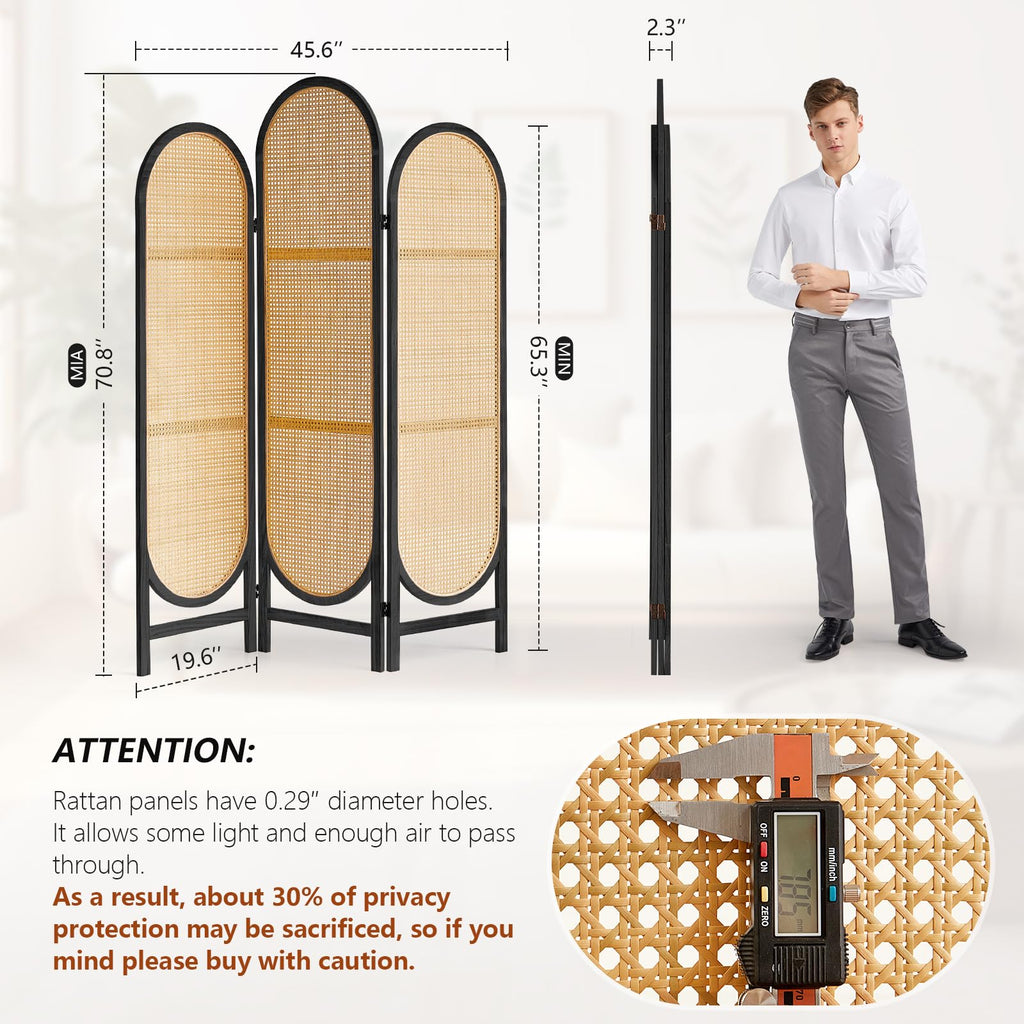 3 Panel Rattan Room Divider Screen, Boho Folding Privacy Screen