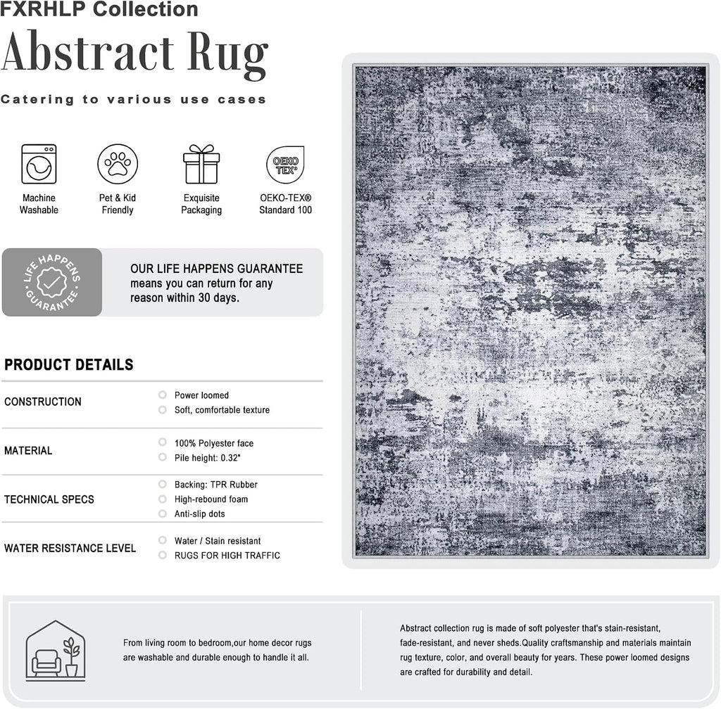 5x7 Area Rug Living Room: Modern Washable Indoor Soft Carpet Grey