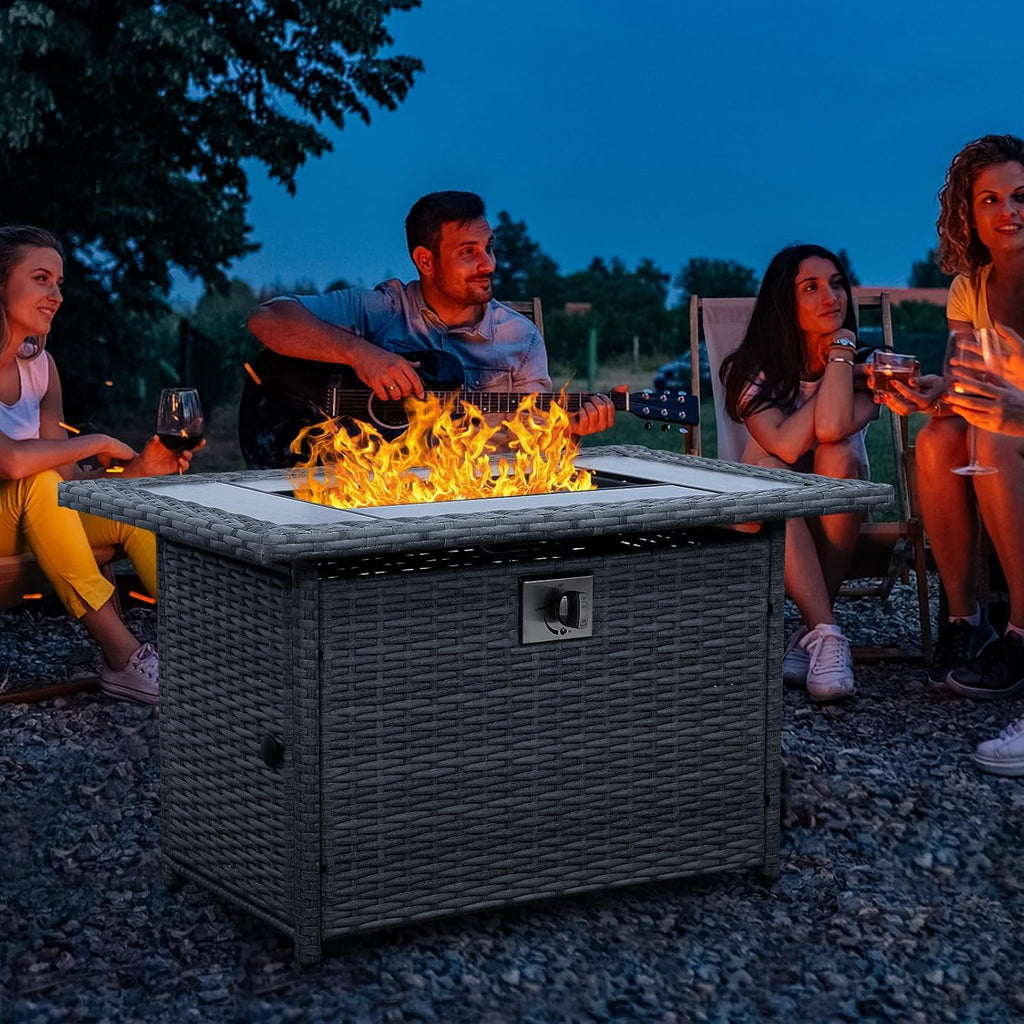 60000 BTU Wicker Gas Fire Pit Outdoor Fire Pit Table 45 Inch Fire Pits for Outside with Woodgrain Marble Tabletop Fire P
