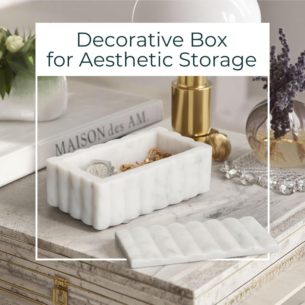 Marble Decorative Storage Box with Lid - Sculpted Fluted Home Organizer Keepsake Boxes for Jewelry - Chic Decorative