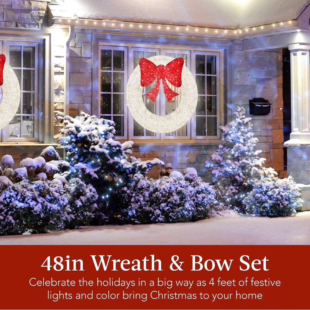 48in Pre-Lit Outdoor Christmas Wreath Decoration, LED Metal Holiday Decor w/ 140 Lights, Bow - White/Red