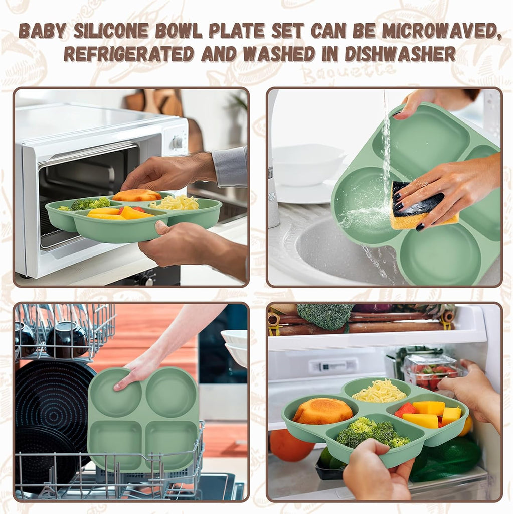 Feeding Set, Baby Led Weaning Supplies, Baby Food Tableware Silicone Suction Plate, Bowl, Spoons, Fork, Waterproof