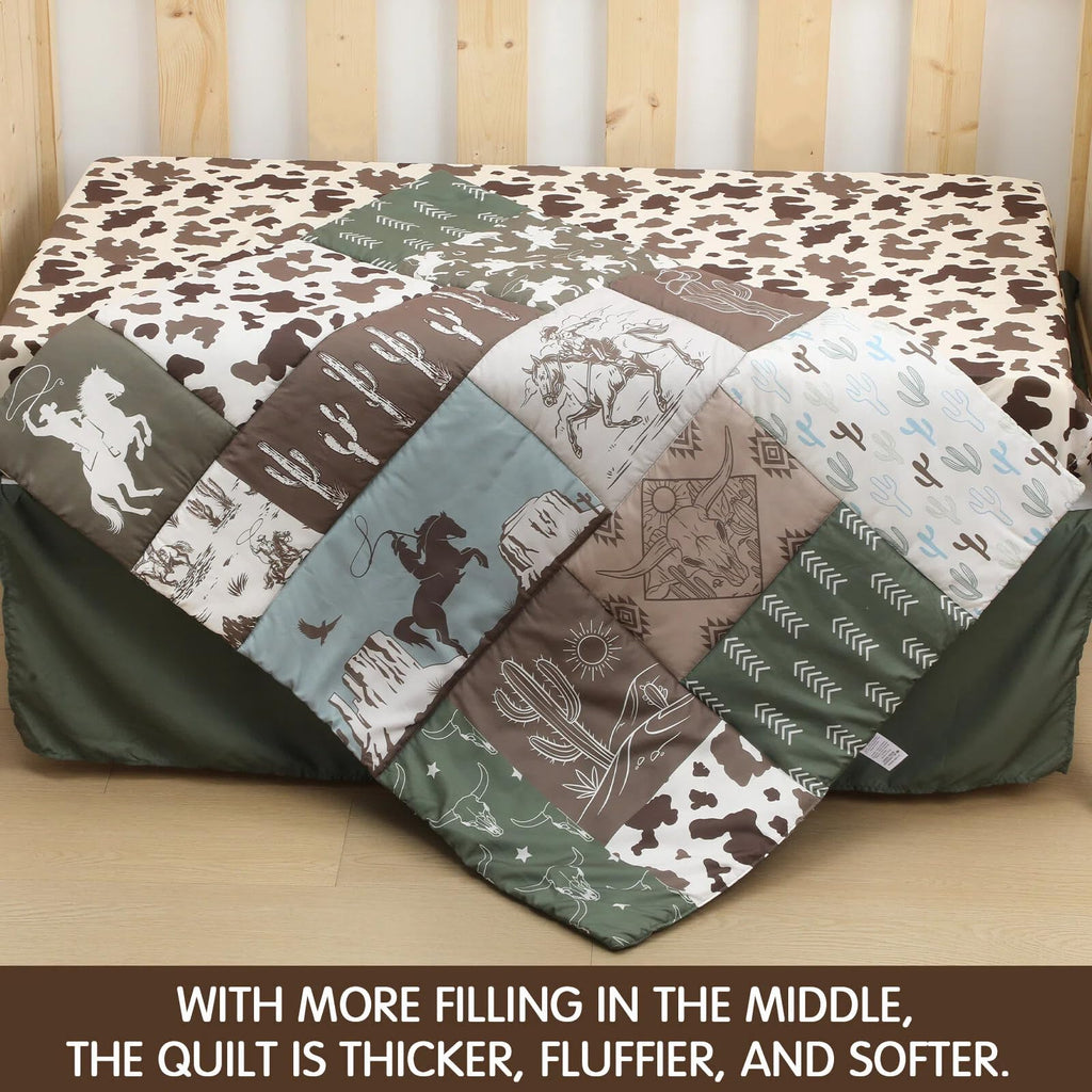 3 Pcs Western Cowboy Crib Sheet Set Baby Crib Bedding Set Includes 52"x28" Fitted Sheet, Quilt, Bed Skirt for Newborn