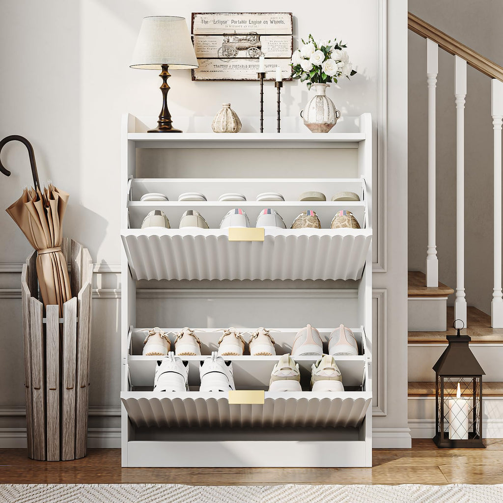 White Fluted Slim Shoe Cabinet Storage with 2 Flip Drawers