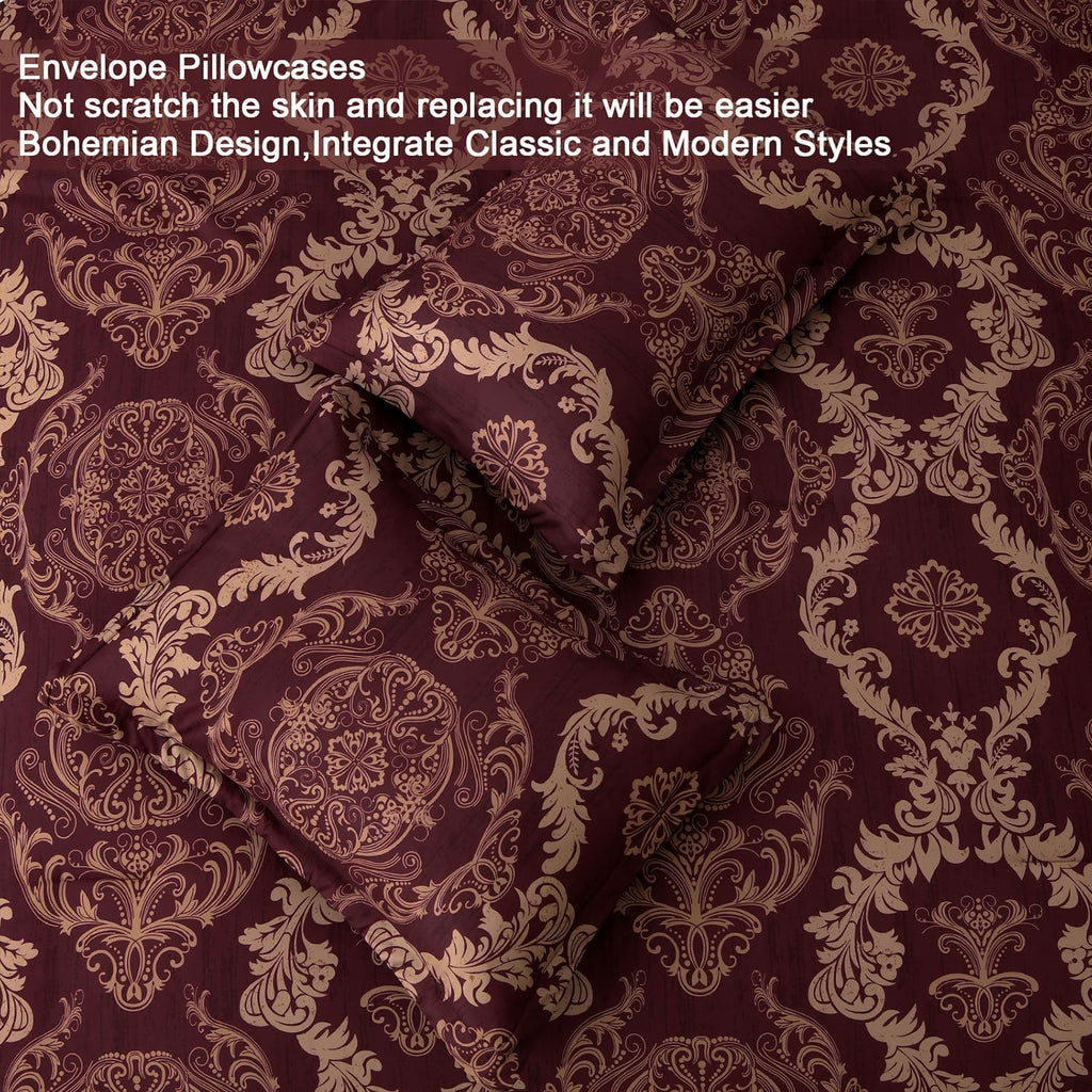 Burgundy Comforter Set Full Size, Maroon Damask Texture 7 Pieces Bed in a Bag Microfiber Comforter Bedding Sets -1