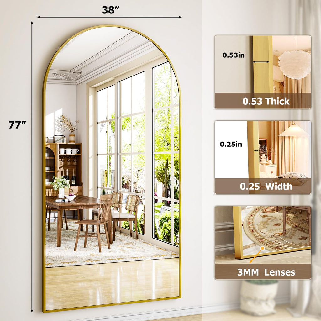 77" x 38" Arched Full Length Mirror with Gold Aluminum Frame - Oversized Floor Mirror & Gym - Wall