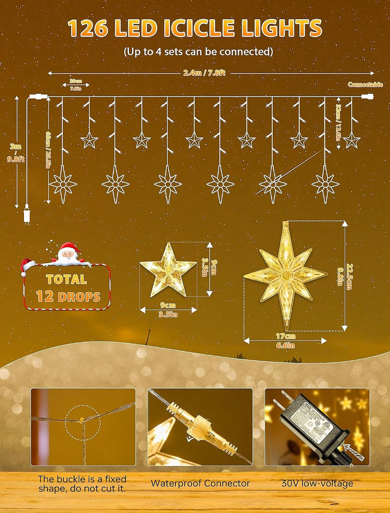 126 LED Star Icicle Lights,7.8ft Window Curtain Lights Plug