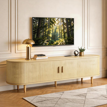 65" TV Stand with Sliding Doors, Mid Century Modern Entertainment Center, TV Console with Fluted Door Cabinets and