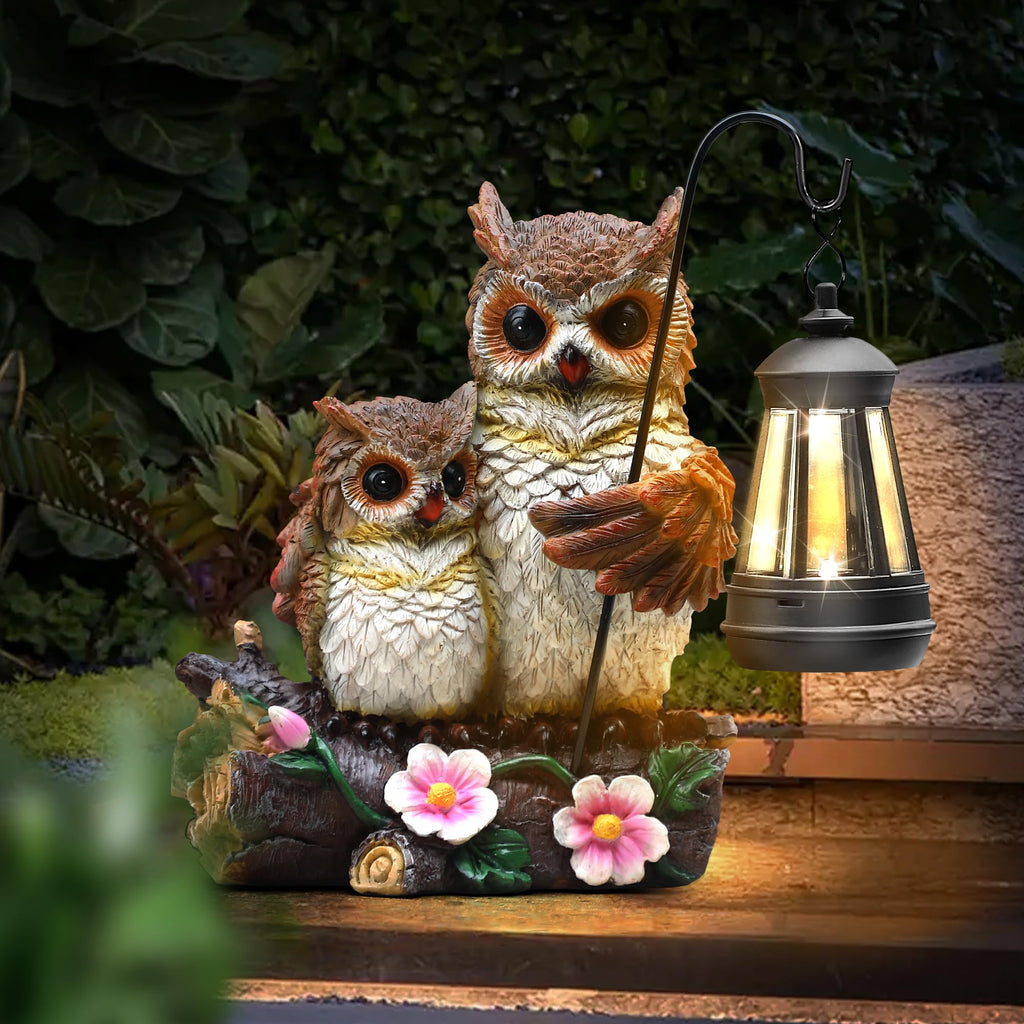 Garden Owls Statue with Solar LED Lantern, Wisdom Statue Gift for dad Yard Art, Whimsical Figurine Sculpture Lighted