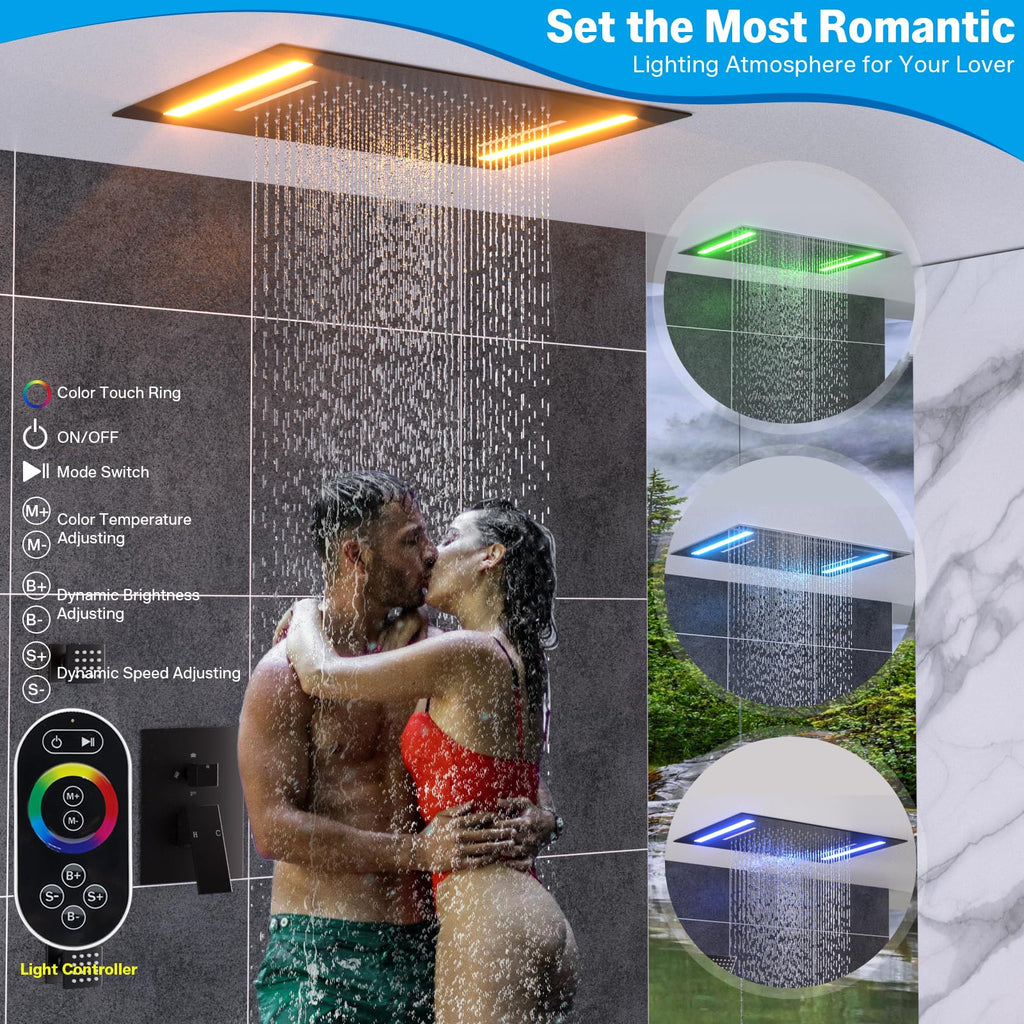 Shower System with Body Jets, 2 In 1 Functions Ceiling Mount 14x20inch LED Shower Head with 4 Body Jets, Rainfall