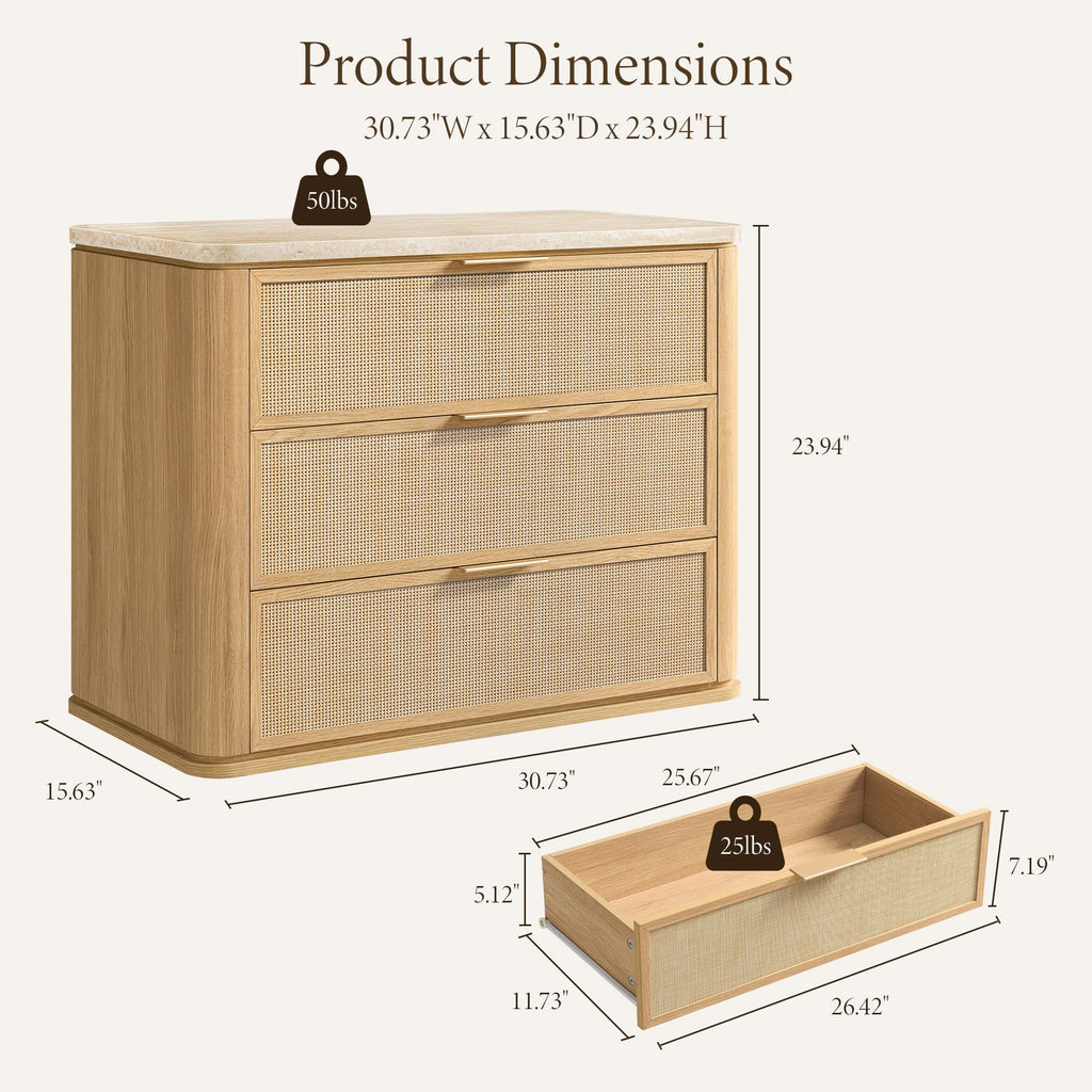 Night Stand, Rattan Nightstand with 3 Drawers