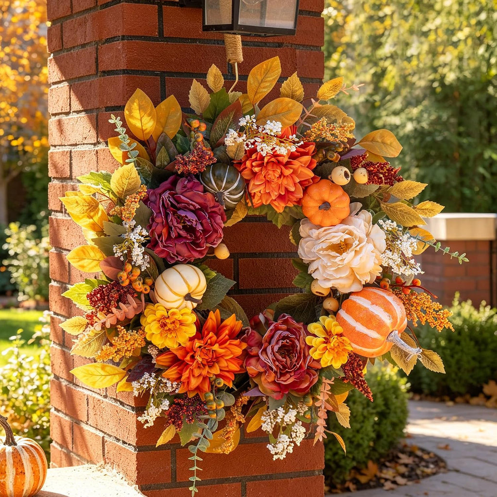 Fall Wreaths for Front Door Outside 24 Inch,Rustic Harvest Autumn Wreath