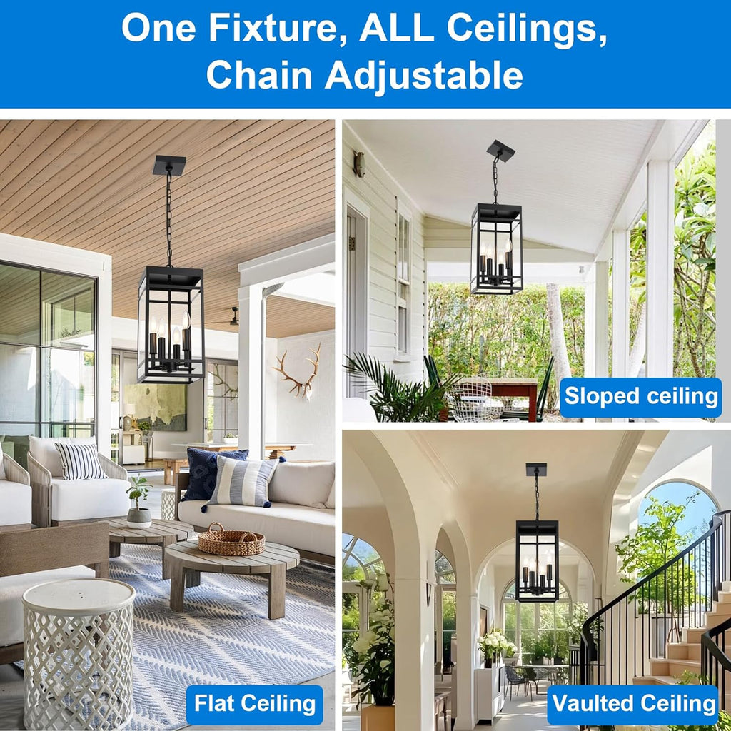 4-Lights Large Outdoor Pendant Light, Matte Black Exterior Hanging Lantern with Clear Glass