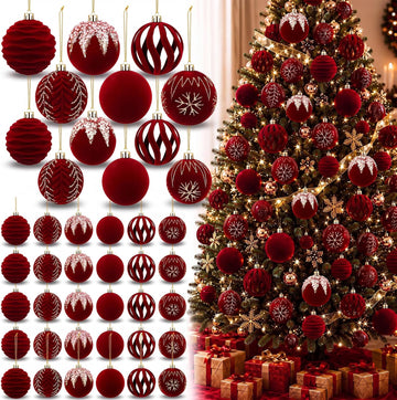 Burgundy Red Velvet Christmas Ball Ornaments Set - Set of 30