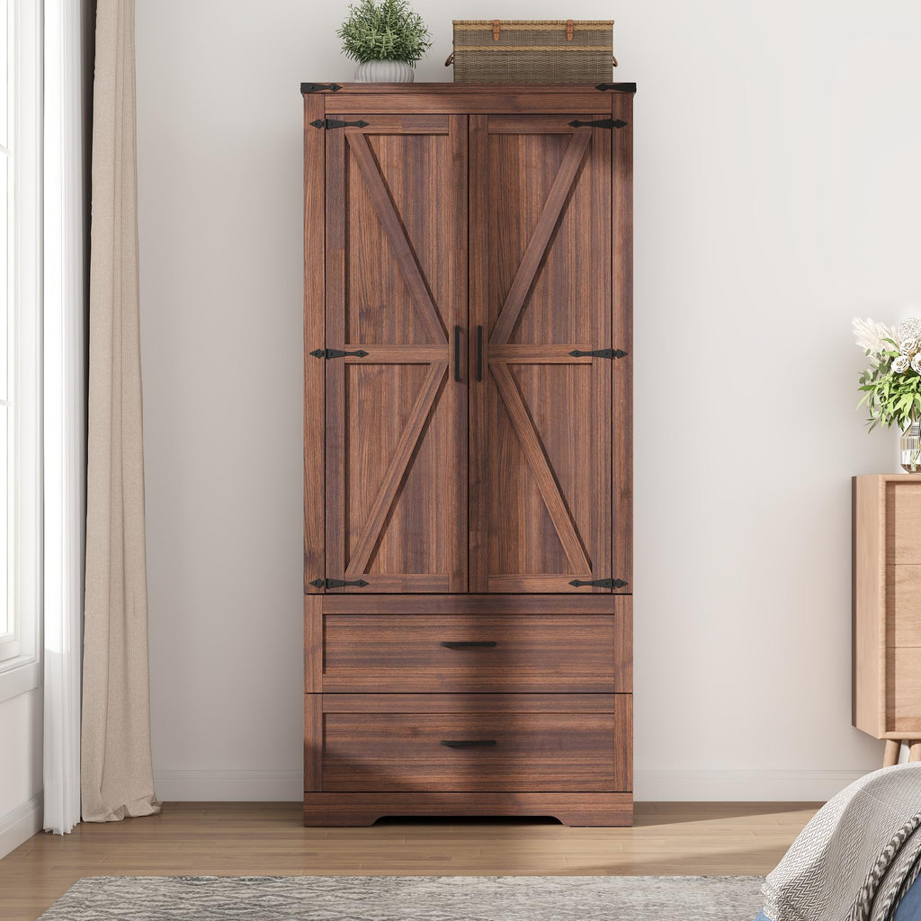 2 Doors Wardrobe Armoire Closet with Doors and Drawers, Farmhouse Wooden Armoire Storage Cabinet with Shelves &