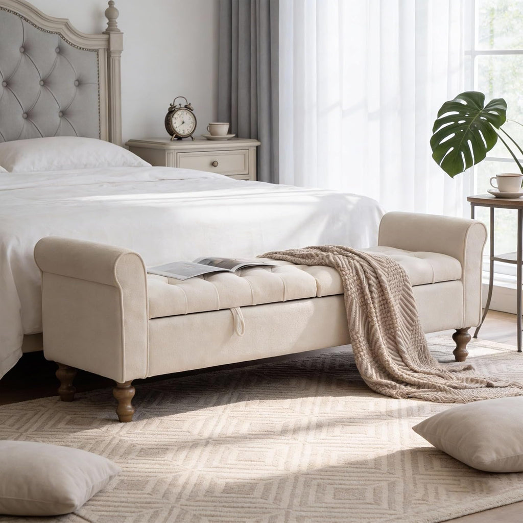 65.7" W Large Storage Ottoman Bench, King Size End of Bed Storage Bench with Wood Legs, Upholstered Window Bench