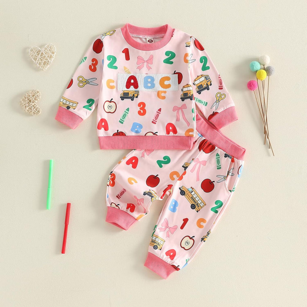 Kids Toddler Boy Girl Back to School Outfit First Day of School Smocked Sweatshirt Pants Set Kindergarten Outfits