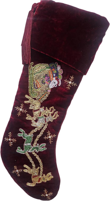 Handmade Red Velvet Christmas Stocking 21"x7" - Beaded Santa & Reindeer Design Luxury Embroidered Holiday Stocking