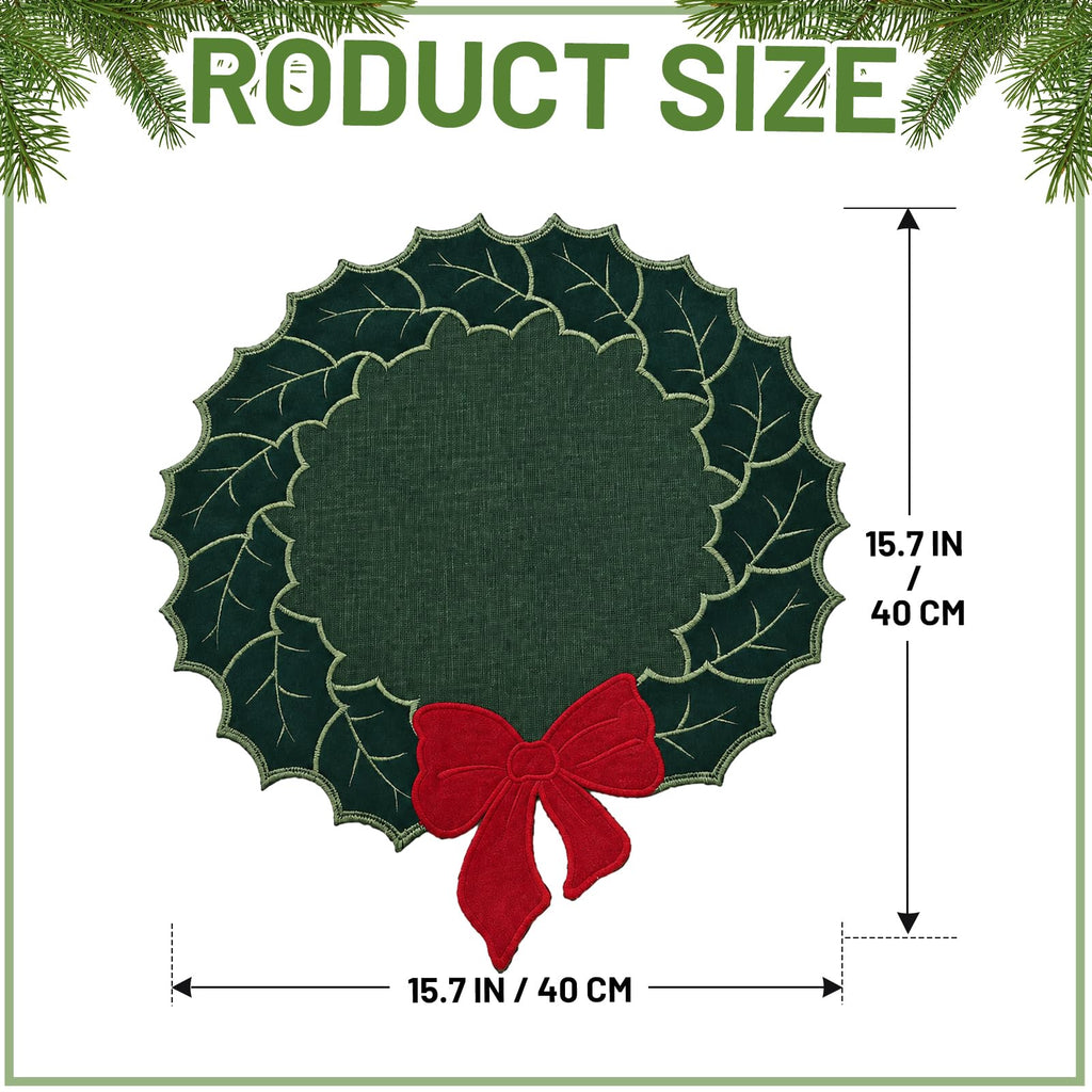 6 Pcs Christmas Placemats Linen Holly Leaf Table Mats with Red Bow