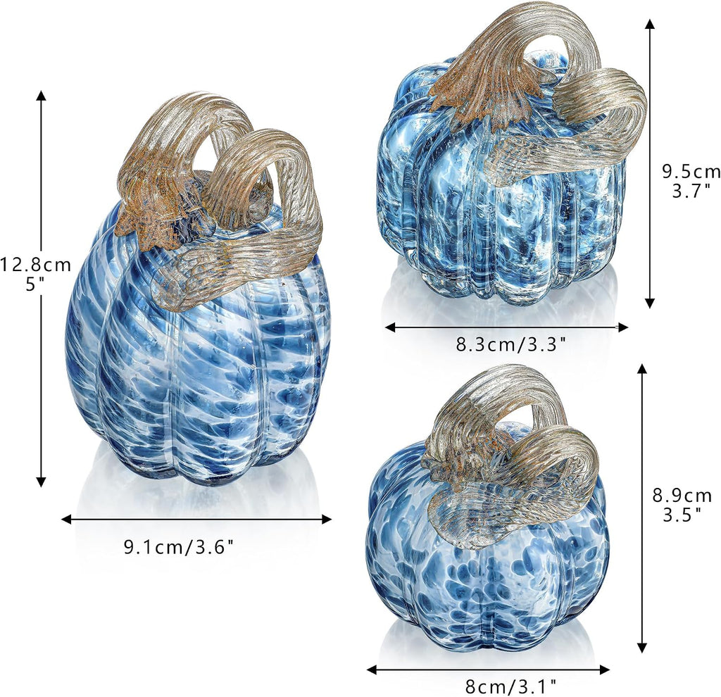 Blown Glass Blue Pumpkins Fall Harvest Halloween Table Decor - Set of 3