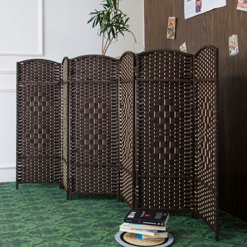 6 Panel Dark Brown Rattan Room Divider, 47.2" Low Height Double-Sided Folding Privacy Screen, Freestanding Partition