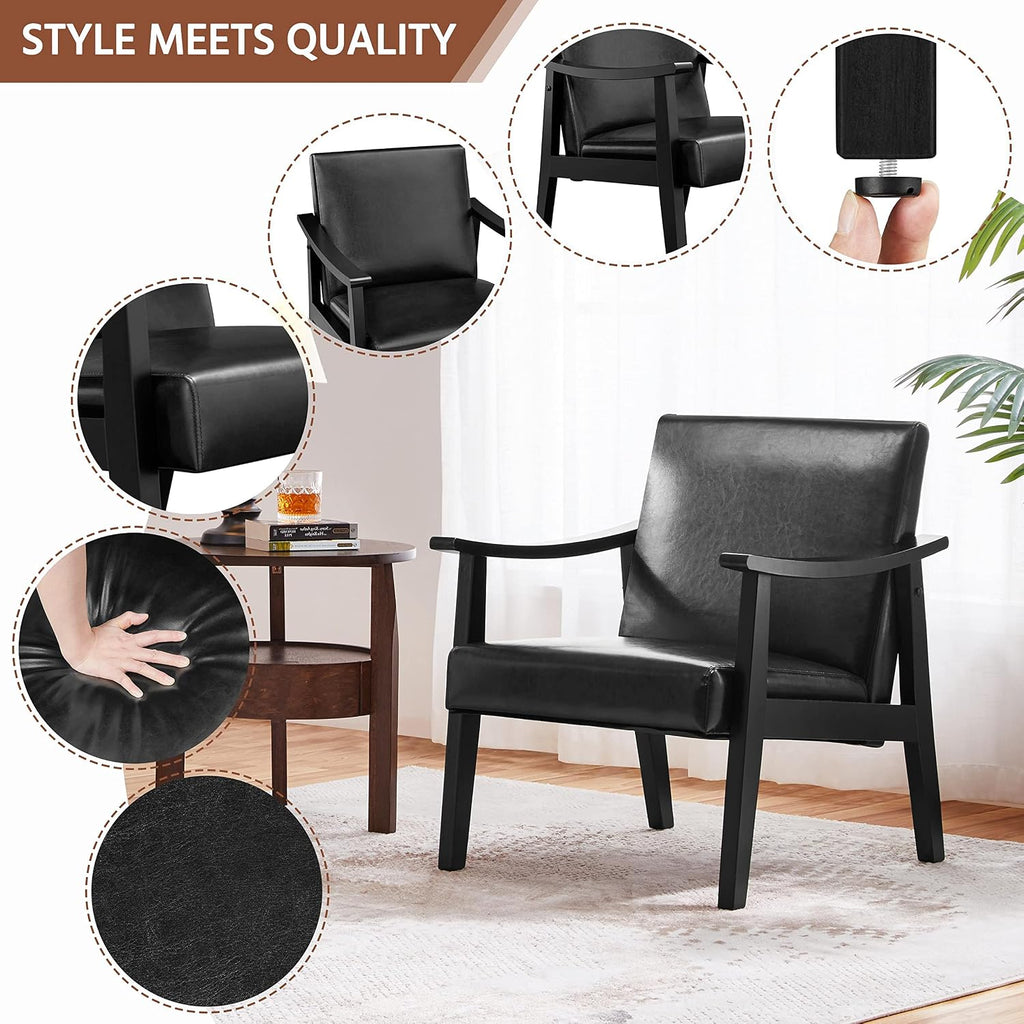 Accent Chairs, Mid-Century Faux Leather Armchairs, Black - Set of 2