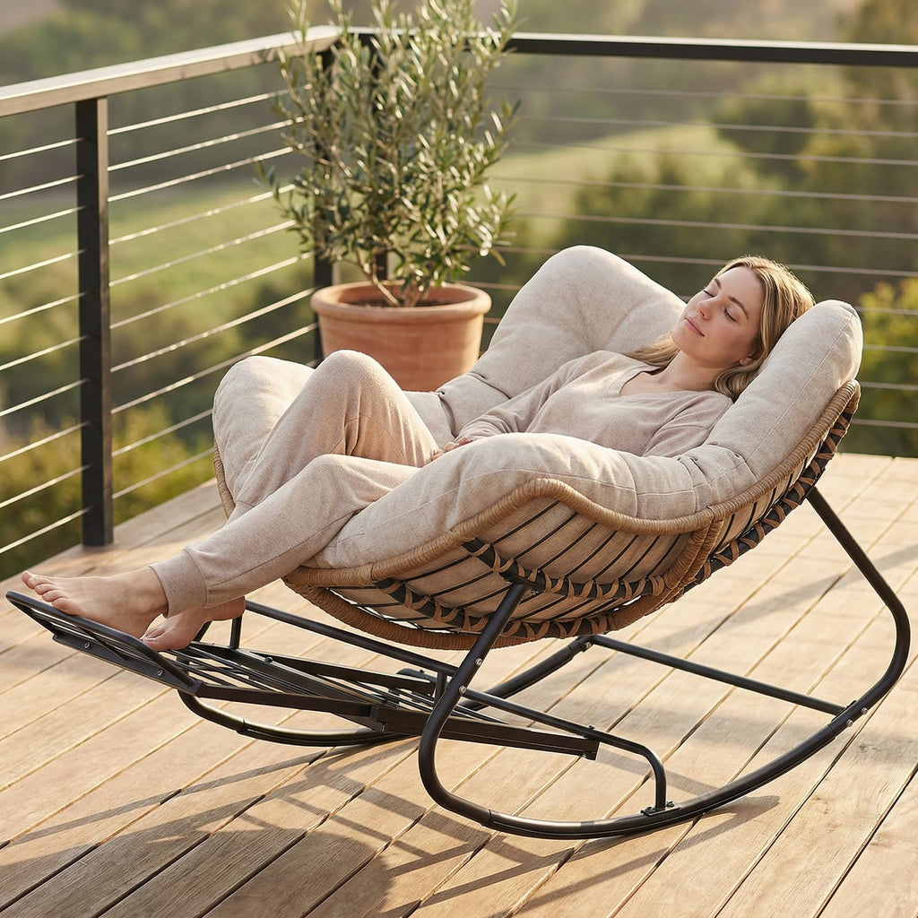 Papasan Rocking Chair with Footrest, Outdoor Wicker Egg Rocker, Khaki
