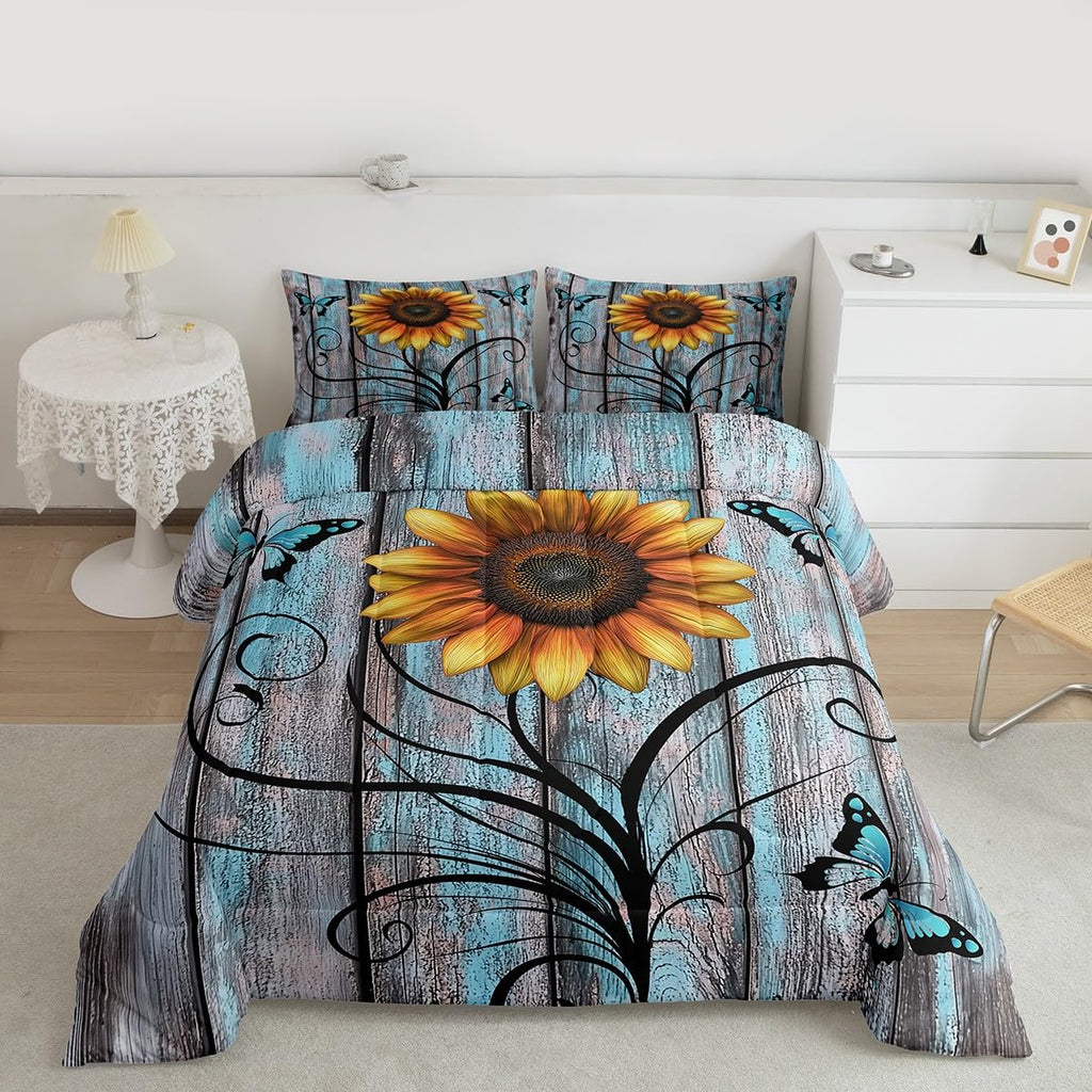 Yellow Sunflower Comforter Set, Butterfly Bedding Set Rustic Farmhouse