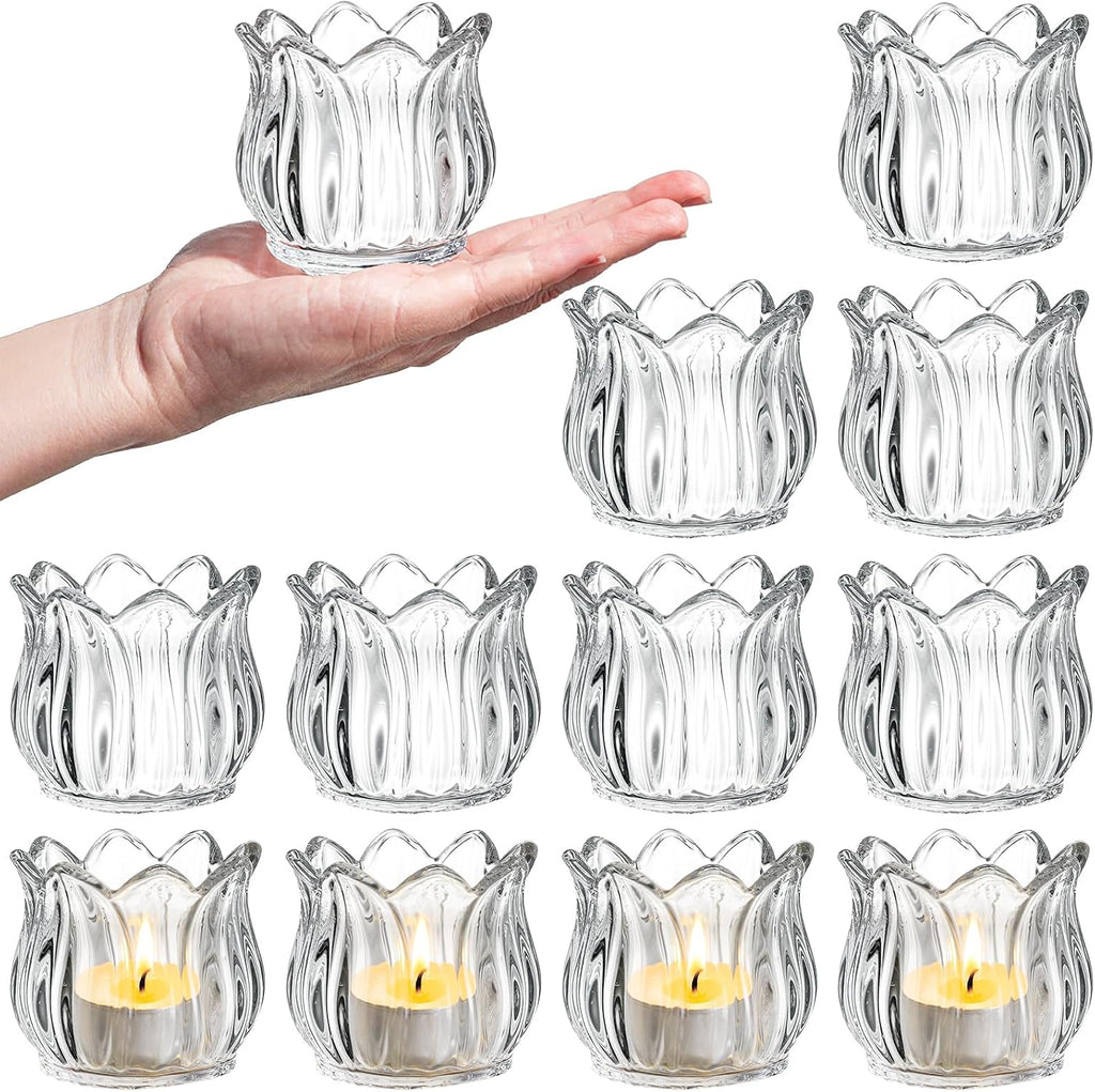 Set of 12 Tulip Glass Votive Candle Holders, Decorative Tea Light Candle Holders, Clear Glass Flower Tealight Candle