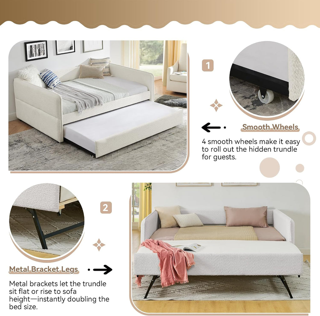 Full Size Daybed with Pop Up Trundle, Boucle Upholstered, Beige | Soft boucle daybed with twin pop-up trundle, padded