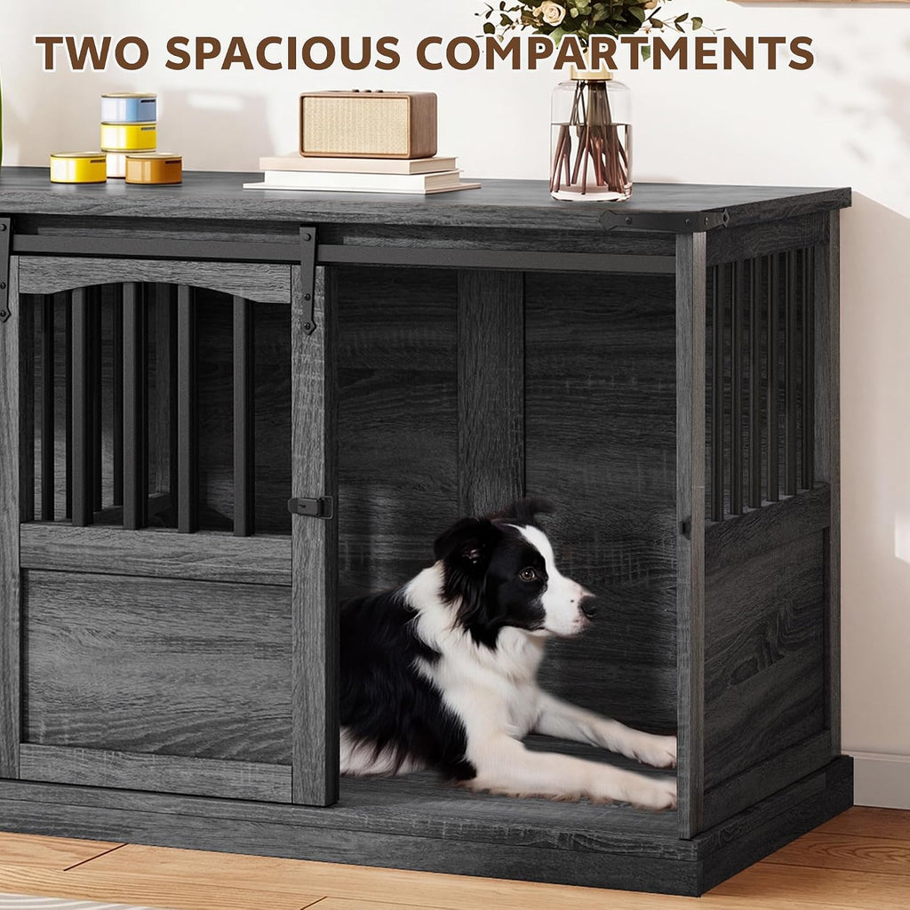 Double Dog Crate Furniture with Barn Sliding Doors Grey